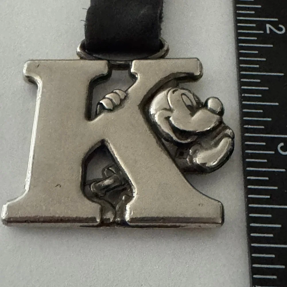 Disney Mickey Mouse Letter K Keychain Black Leather Strap Silver Tone‎